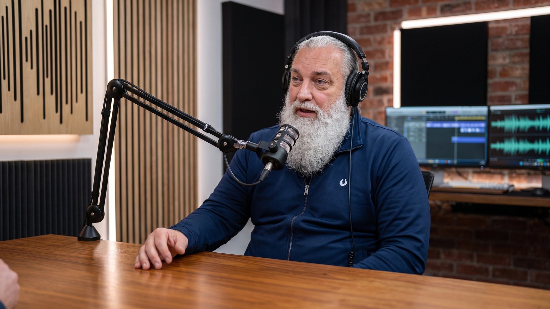 Michael J. Clifton Sr. speaking into a microphone in a podcast studio